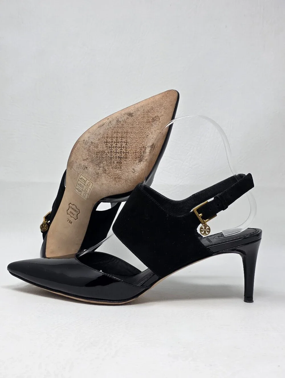 Tory Burch Slingback Pumps Women 7M Black Good Patent Suede Mixed Media Heel